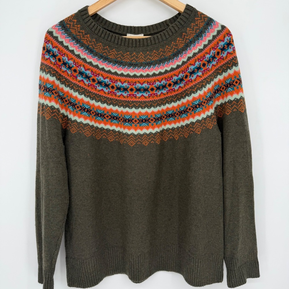Talbots Sweater Women Olive Green Fair Isle Cotton Blend Pullover Heritage Large